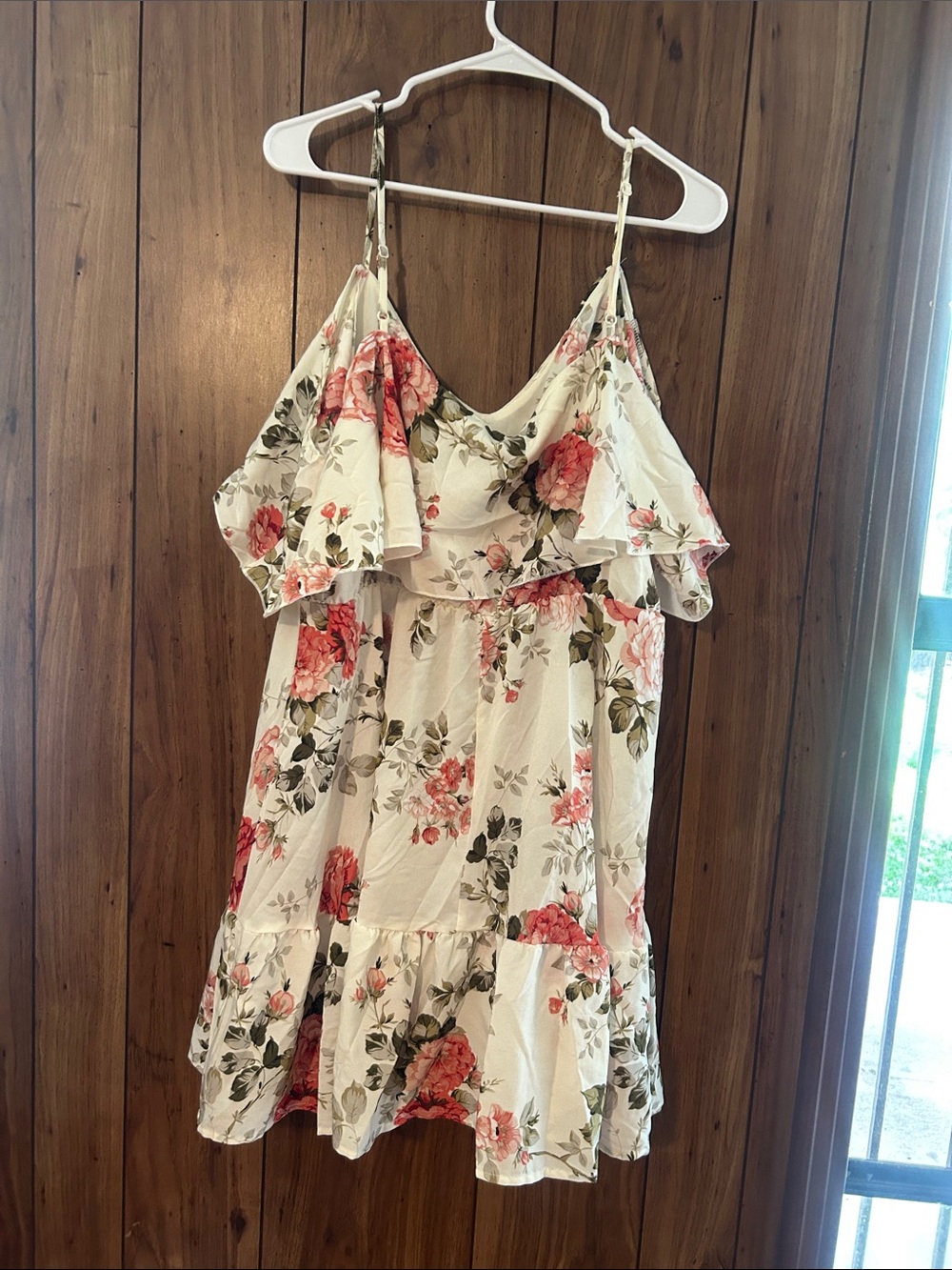 Floral Ruffle Spaghetti-Strap cold shoulder Dress - Cream with Pink Roses